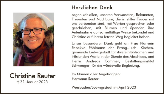 Traueranzeige von Christine Reuter von Wiesbadener Kurier