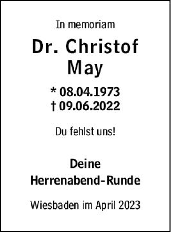 Traueranzeige von Christof May von Wiesbadener Kurier