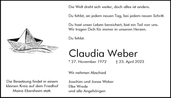 Traueranzeige von Claudia Weber von Allgemeine Zeitung Mainz