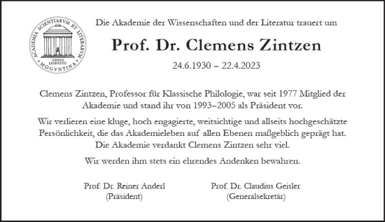 Traueranzeige von Clemens Zintzen von Allgemeine Zeitung Mainz
