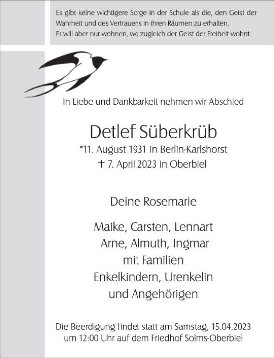 Traueranzeige von Detlef Süberkrüb von Wetzlarer Neue Zeitung