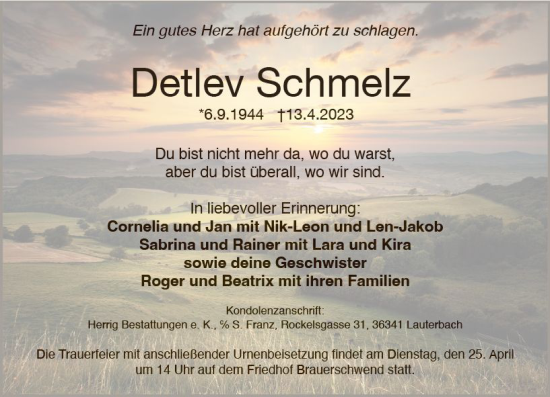 Traueranzeige von Detlev Schmelz von Oberhessen Kurier