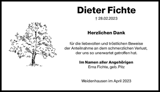 Traueranzeige von Dieter Fichte von Hinterländer Anzeiger