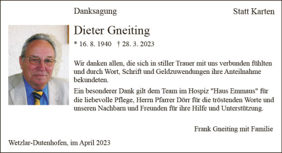Traueranzeige von Dieter Gneiting von Wetzlarer Neue Zeitung