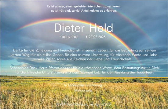 Traueranzeige von Dieter Held von Allgemeine Zeitung Alzey