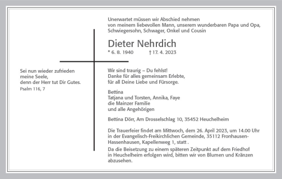 Traueranzeige von Dieter Nehrdich von Allgemeine Zeitung Mainz
