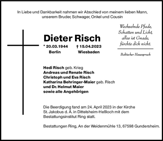 Traueranzeige von Dieter Risch von Wiesbadener Kurier Traueranzeige von Dieter Risch von Wiesbadener Kurier