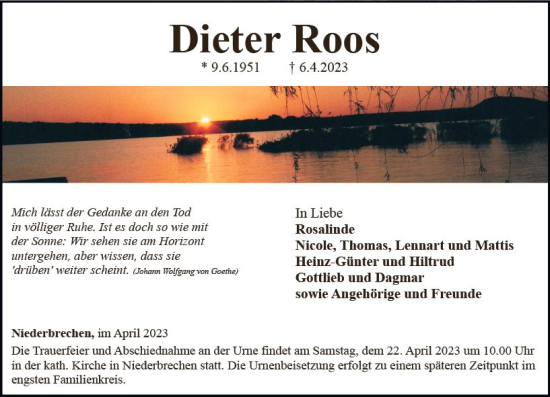Traueranzeige von Dieter Roos von Camberger Anzeiger