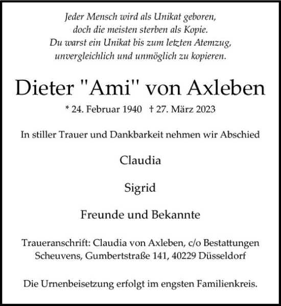 Traueranzeige von Dieter von Axieben von Hinterländer Anzeiger
