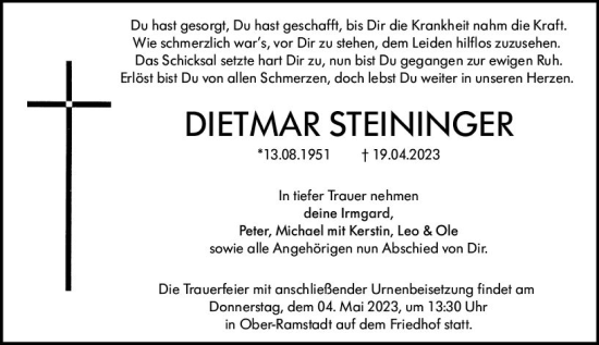 Traueranzeige von Dietmar Steininger von Darmstädter Echo
