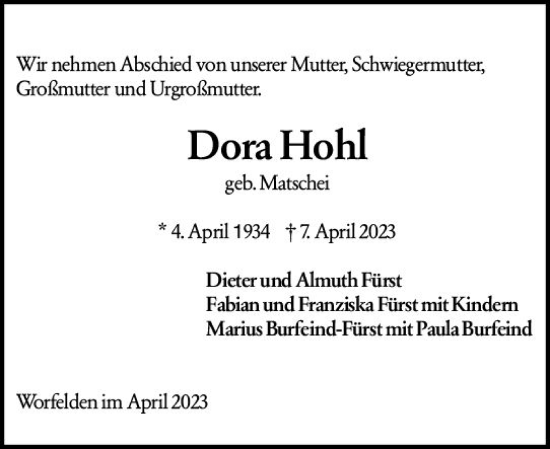 Traueranzeige von Dora Hohl von Groß-Gerauer Echo