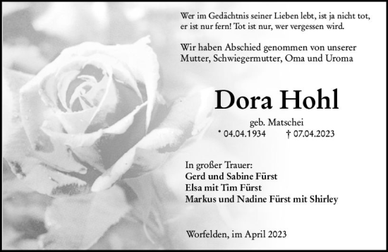 Traueranzeige von Dora Hohl von Groß-Gerauer Echo