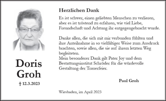 Traueranzeige von Doris Groh von Wiesbadener Kurier