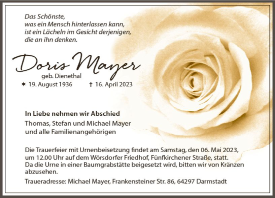 Traueranzeige von Doris Mayer von Wiesbadener Kurier