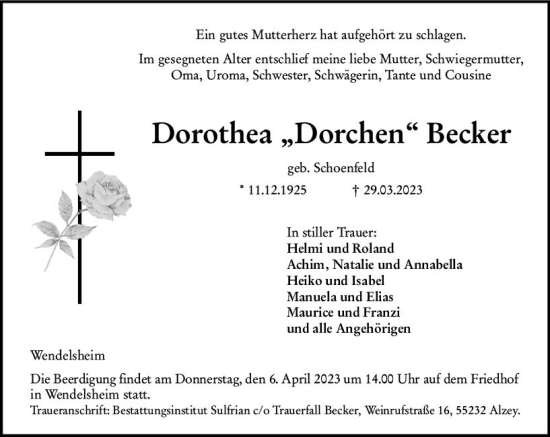 Traueranzeige von Dorothea Becker von Allgemeine Zeitung Alzey