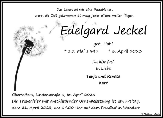 Traueranzeige von Edelgard Jeckel von Camberger Anzeiger