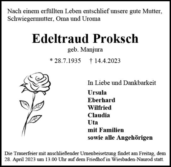 Traueranzeige von Edeltraud Proksch von Wiesbadener Kurier