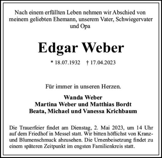 Traueranzeige von Edgar Weber von Darmstädter Echo