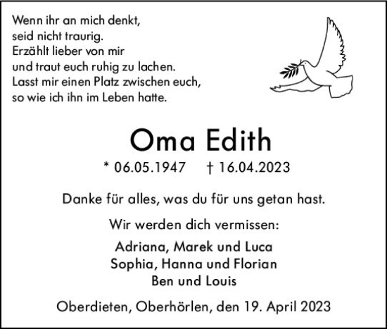 Traueranzeige von Edith  von Hinterländer Anzeiger