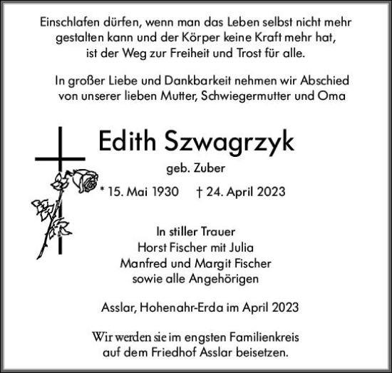 Traueranzeige von Edith Szwagrzyk von Wetzlarer Neue Zeitung
