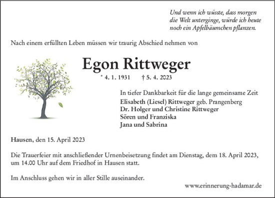 Traueranzeige von Egon Rittweger von Nassauische Neue Presse