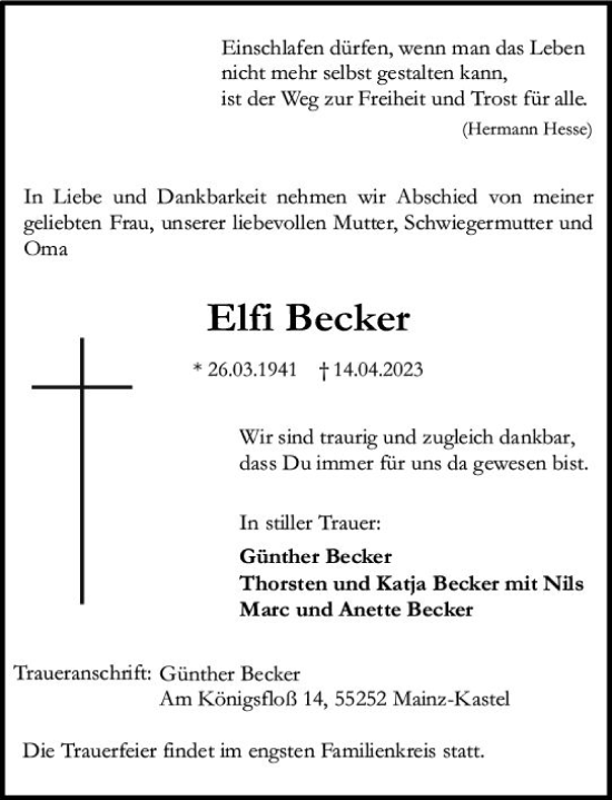 Traueranzeige von Elfi Becker von Allgemeine Zeitung Mainz