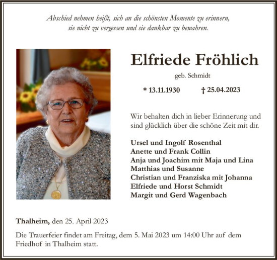 Traueranzeige von Elfriede Fröhlich von Nassauische Neue Presse