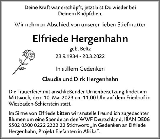 Traueranzeige von Elfriede Hergenhahn von Wiesbadener Kurier