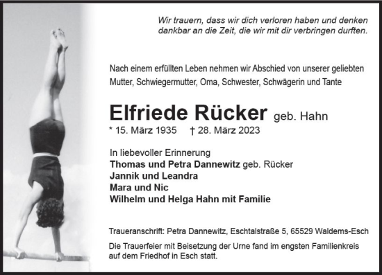Traueranzeige von Elfriede Rücker von Wiesbadener Kurier