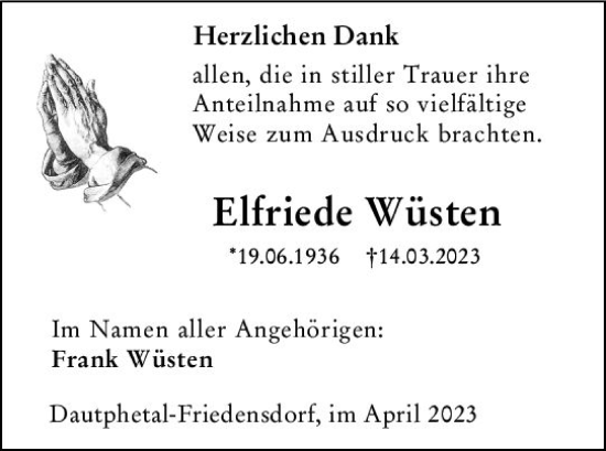 Traueranzeige von Elfriede Wüsten von Hinterländer Anzeiger