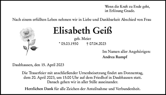 Traueranzeige von Elisabeth Geiß von Wetzlarer Neue Zeitung