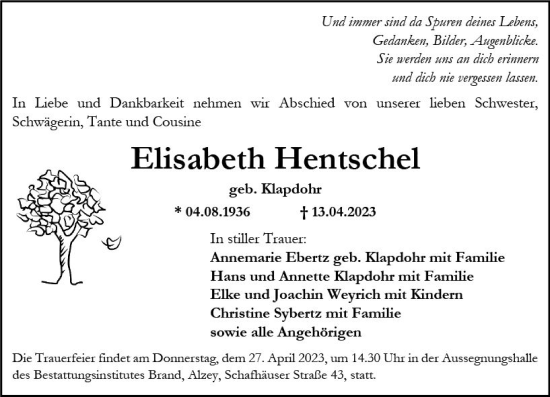 Traueranzeige von Elisabeth Hentschel von Allgemeine Zeitung Alzey
