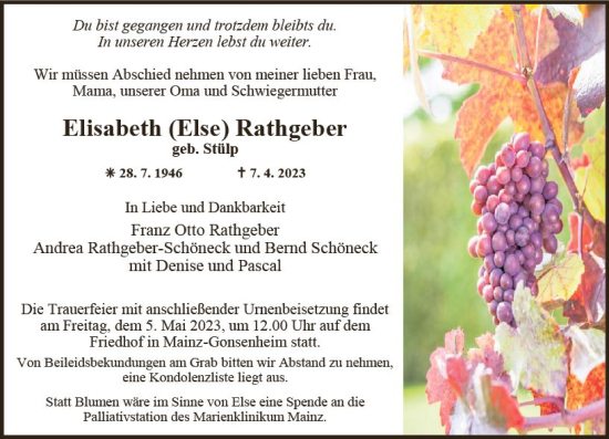 Traueranzeige von Elisabeth Rathgeber von Allgemeine Zeitung Mainz
