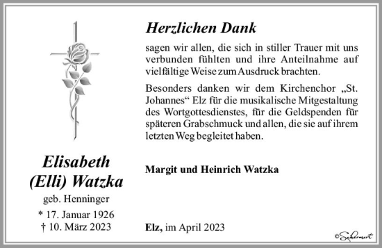 Traueranzeige von Elisabeth Watzka von Nassauische Neue Presse