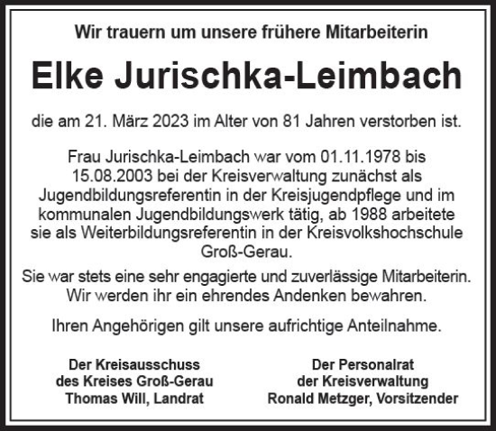 Traueranzeige von Elke Jurischka-Leimbach von Groß-Gerauer Echo