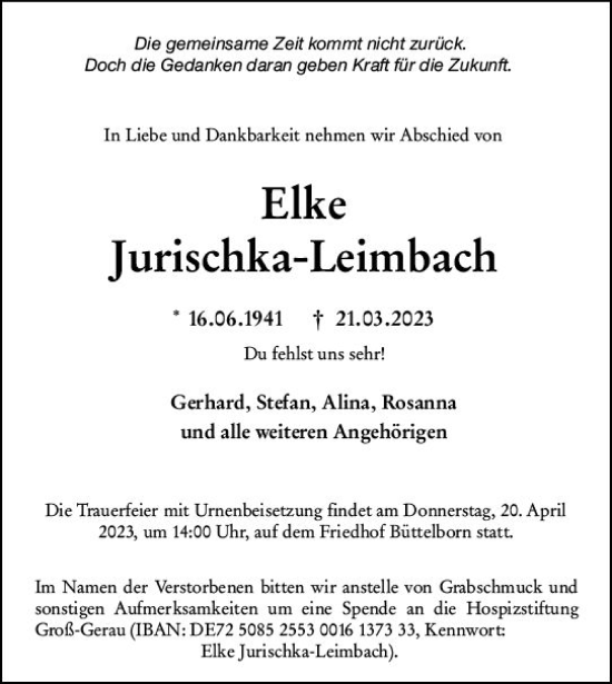 Traueranzeige von Elke Jurischka-Leimbach von Groß-Gerauer Echo