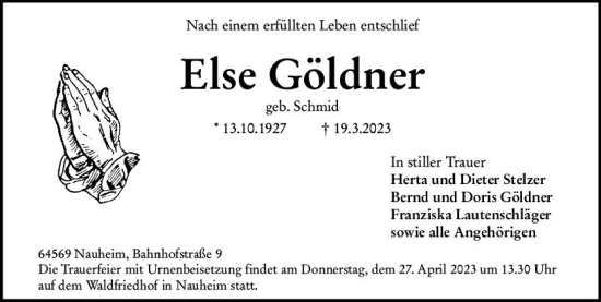 Traueranzeige von Else Göldner von Rüsselsheimer Echo