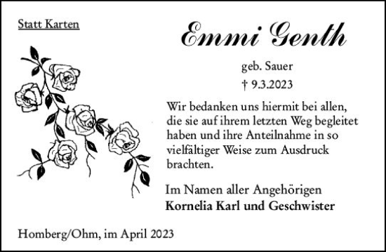 Traueranzeige von Emmi Genth von Oberhessen Kurier