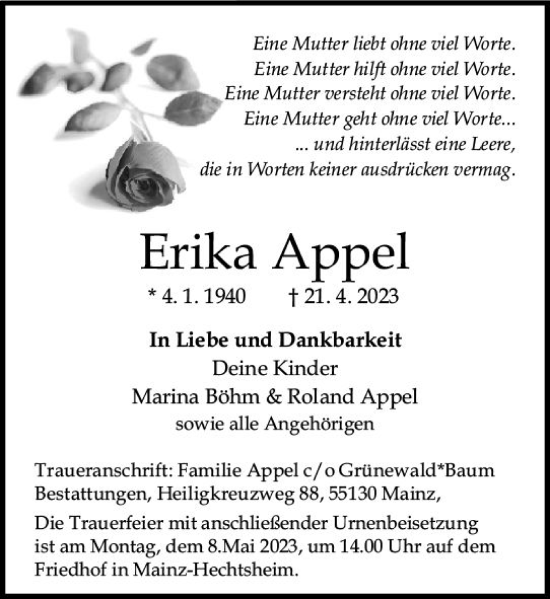Traueranzeige von Erika Appel von Allgemeine Zeitung Mainz