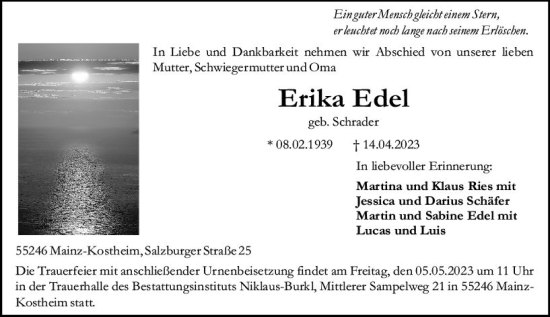 Traueranzeige von Erika Edel von Allgemeine Zeitung Mainz