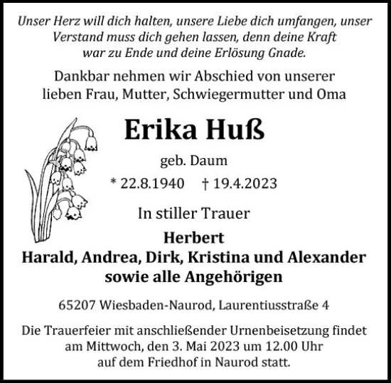 Traueranzeige von Erika Huß von Wiesbadener Kurier