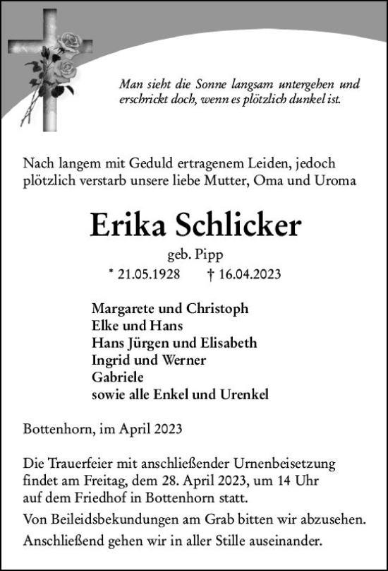 Traueranzeige von Erika Schlicker von Hinterländer Anzeiger