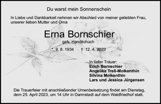 Traueranzeige von Erna Bornschier von Darmstädter Echo