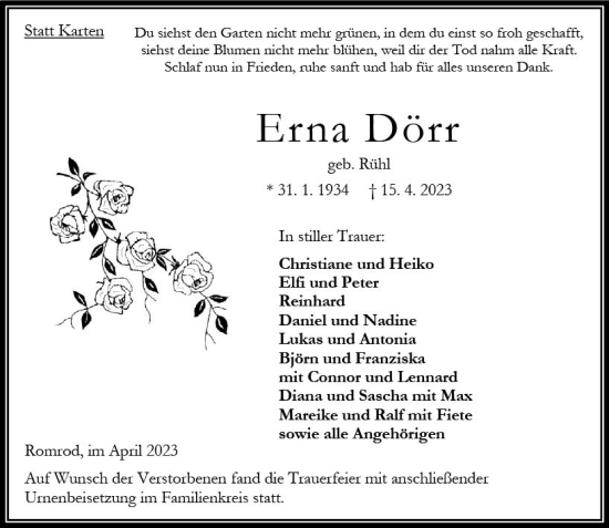 Traueranzeige von Erna Dürr von Oberhessen Kurier