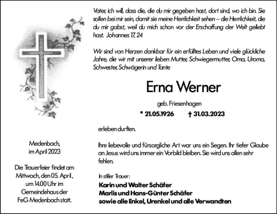 Traueranzeige von Erna Werner von Dill Block