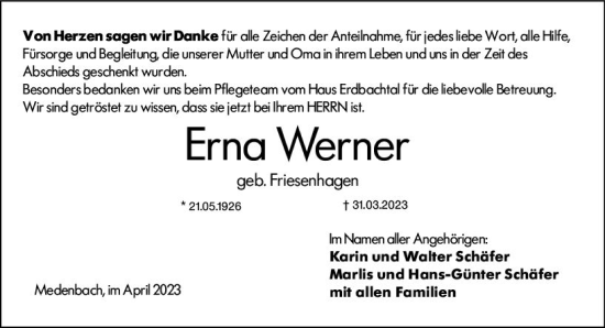 Traueranzeige von Erna Werner von Dill Block