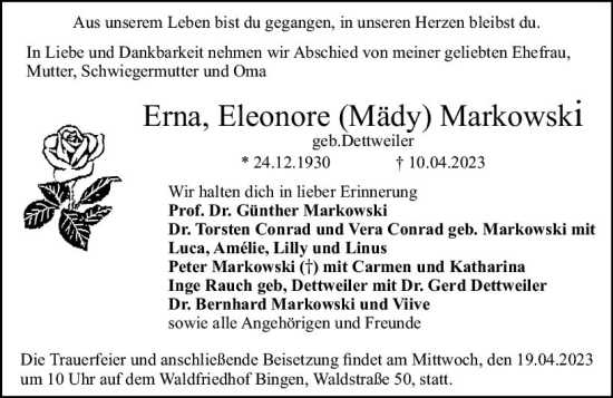 Traueranzeige von Erna Eleonore Markowski von Allgemeine Zeitung Bingen/Ingelheim
