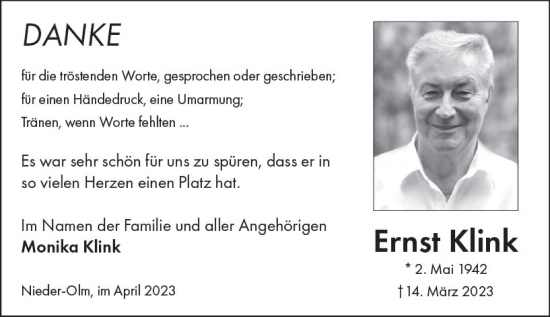 Traueranzeige von Ernst Klink von Groß-Gerauer Echo