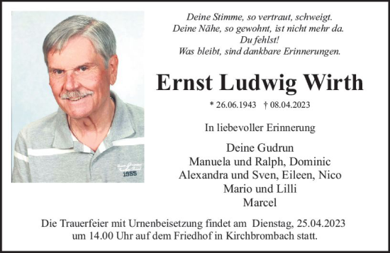 Traueranzeige von Ernst Ludwig Wirth von Odenwälder Echo