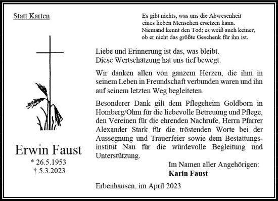 Traueranzeige von Erwin Faust von Oberhessen Kurier
